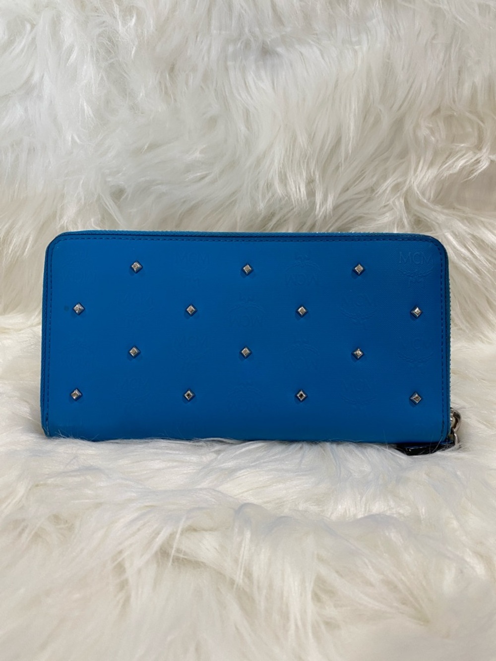 MCM Blue Stud-Embellished Zip Wallet